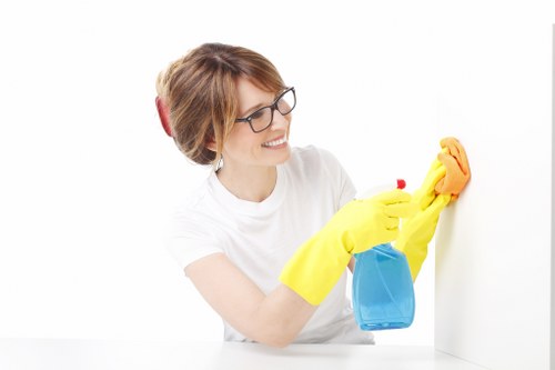 A tidy kitchen and break area maintained during office cleaning