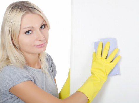 Local cleaner dusting and sanitising a kitchen in EC2